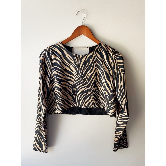 Zara Satin Effect Animal Print Zebra Cropped Long Sleeve Blouse Small - Picture 3 of 4
